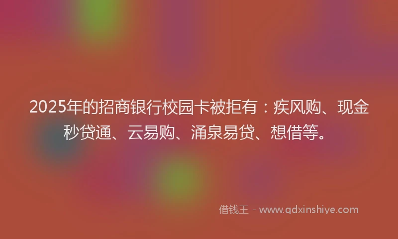 2025年的招商银行校园卡被拒有:疾风购、现金秒贷通、云易购、涌泉易贷、想借等。