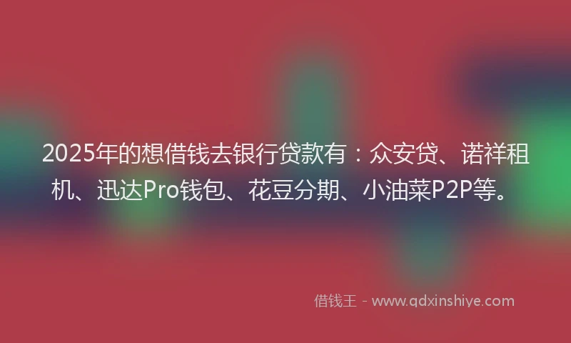 2025年的想借钱去银行贷款有：众安贷、诺祥租机、迅达Pro钱包、花豆分期、小油菜P2P等。