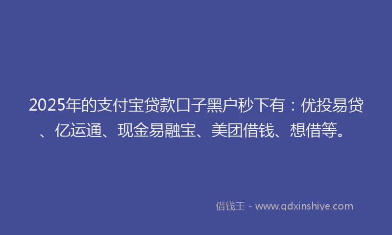 2025年的支付宝贷款口子黑户秒下有：优投易贷、亿运通、现金易融宝、美团借钱、想借等。