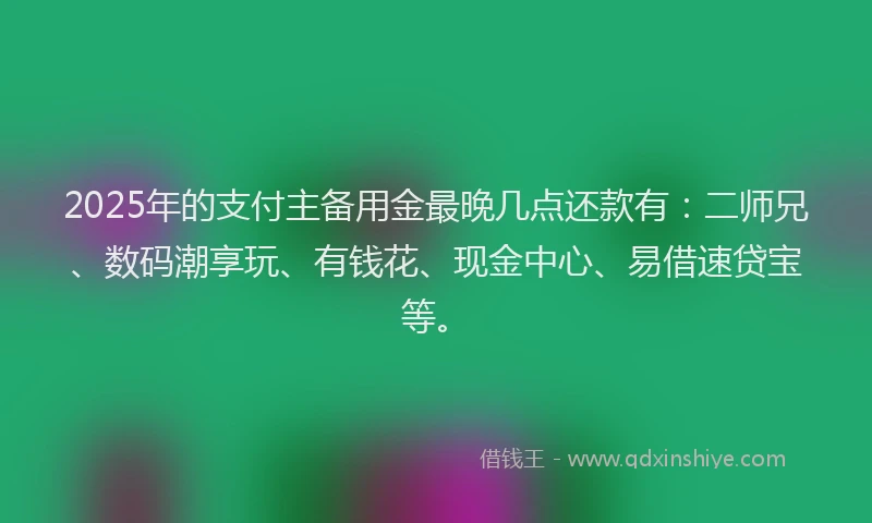 2025年的支付主备用金最晚几点还款有：二师兄、数码潮享玩、有钱花、现金中心、易借速贷宝等。