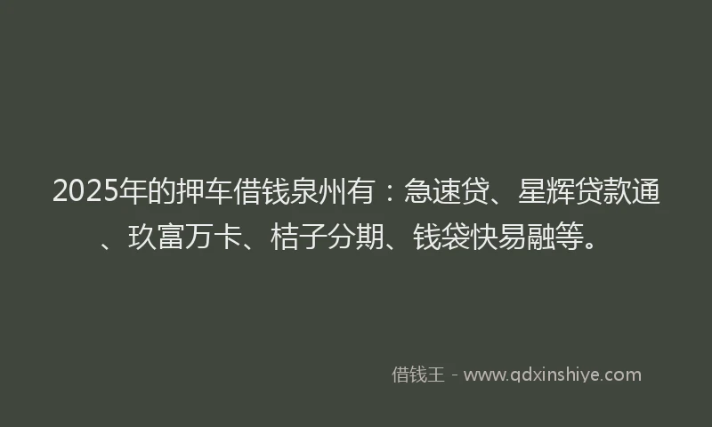2025年的押车借钱泉州有：急速贷、星辉贷款通、玖富万卡、桔子分期、钱袋快易融等。