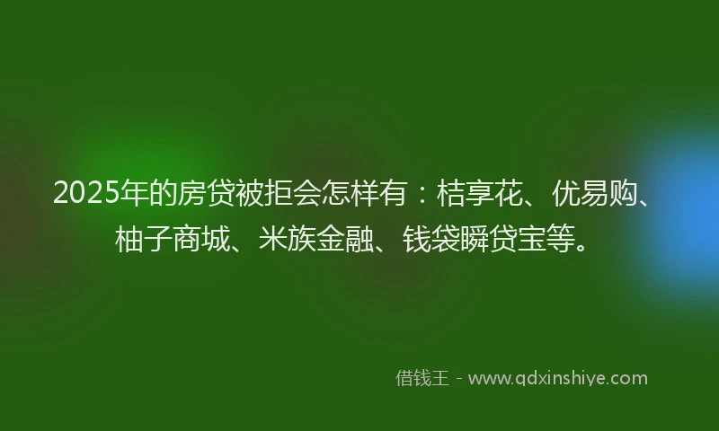 2025年的房贷被拒会怎样有：桔享花、优易购、柚子商城、米族金融、钱袋瞬贷宝等。