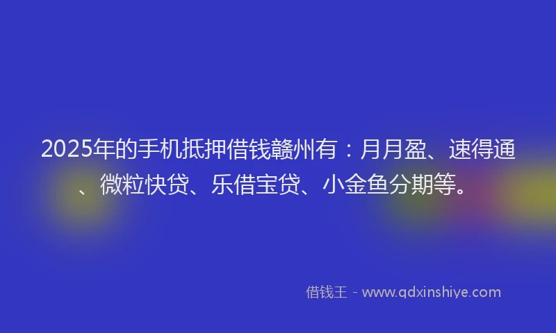 2025年的手机抵押借钱赣州有：月月盈、速得通、微粒快贷、乐借宝贷、小金鱼分期等。