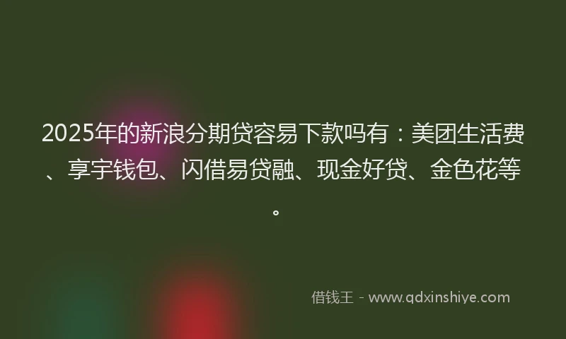 2025年的新浪分期贷容易下款吗有：美团生活费、享宇钱包、闪借易贷融、现金好贷、金色花等。