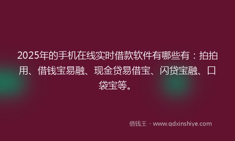 2025年的手机在线实时借款软件有哪些有：拍拍用、借钱宝易融、现金贷易借宝、闪贷宝融、口袋宝等。