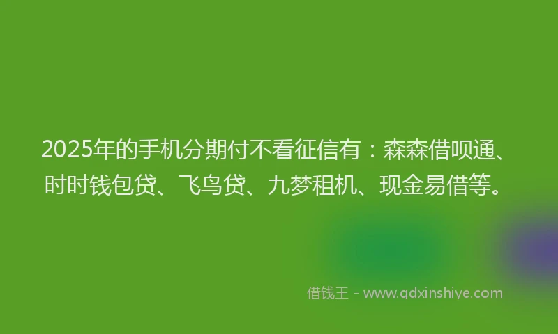 2025年的手机分期付不看征信有：森森借呗通、时时钱包贷、飞鸟贷、九梦租机、现金易借等。
