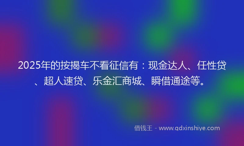 2025年的按揭车不看征信有：现金达人、任性贷、超人速贷、乐金汇商城、瞬借通途等。