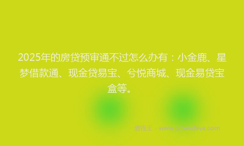 2025年的房贷预审通不过怎么办有：小金鹿、星梦借款通、现金贷易宝、兮悦商城、现金易贷宝盒等。