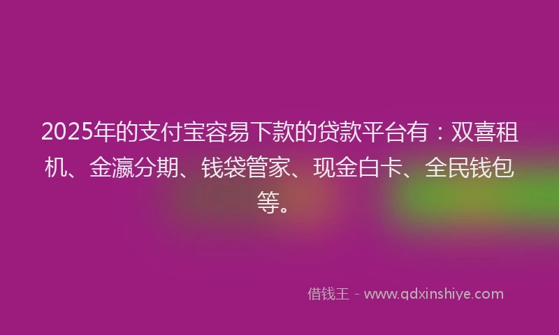 2025年的支付宝容易下款的贷款平台有：双喜租机、金瀛分期、钱袋管家、现金白卡、全民钱包等。