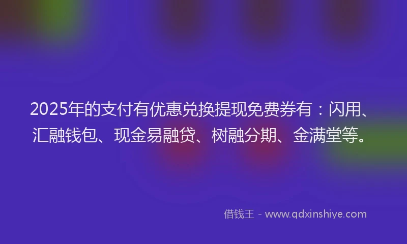 2025年的支付有优惠兑换提现免费券有：闪用、汇融钱包、现金易融贷、树融分期、金满堂等。