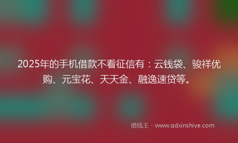 2025年的手机借款不看征信有：云钱袋、骏祥优购、元宝花、天天金、融逸速贷等。