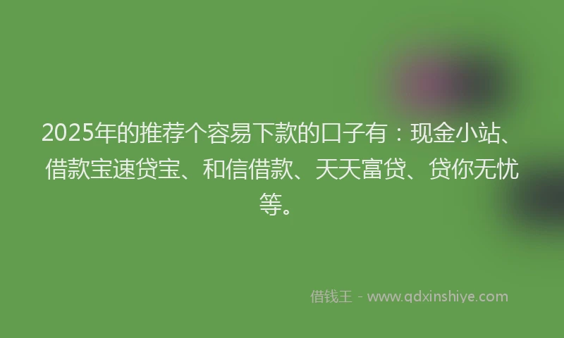 2025年的推荐个容易下款的口子有：现金小站、借款宝速贷宝、和信借款、天天富贷、贷你无忧等。