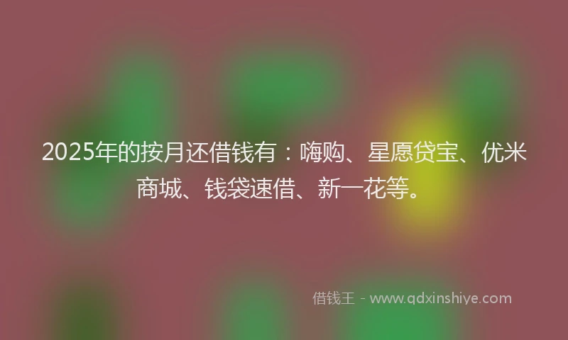 2025年的按月还借钱有：嗨购、星愿贷宝、优米商城、钱袋速借、新一花等。