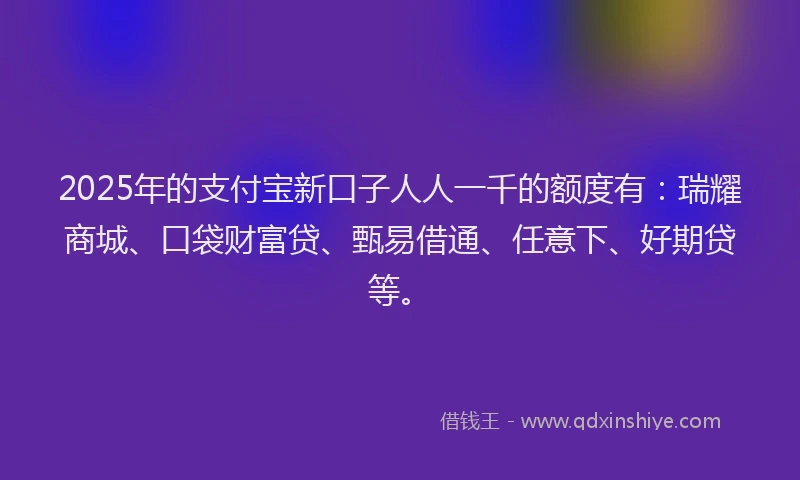 2025年的支付宝新口子人人一千的额度有：瑞耀商城、口袋财富贷、甄易借通、任意下、好期贷等。
