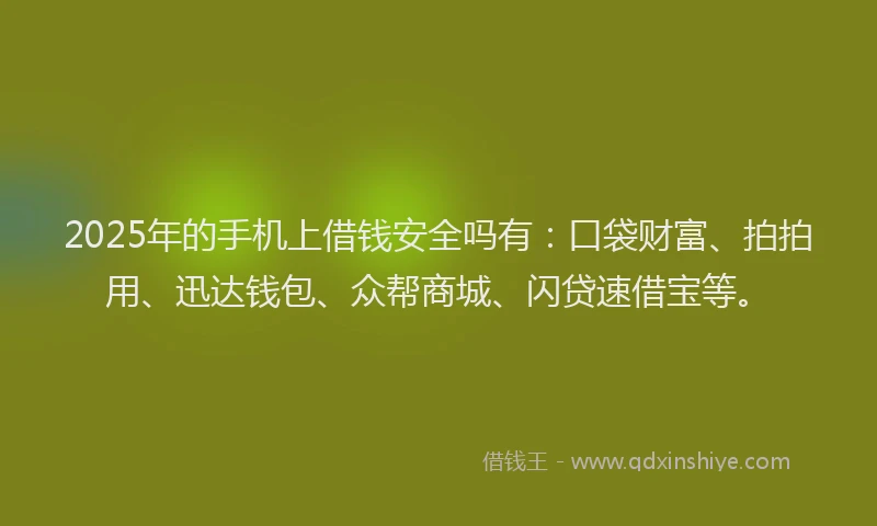 2025年的手机上借钱安全吗有：口袋财富、拍拍用、迅达钱包、众帮商城、闪贷速借宝等。