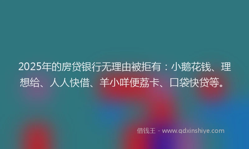 2025年的房贷银行无理由被拒有：小鹅花钱、理想给、人人快借、羊小咩便荔卡、口袋快贷等。