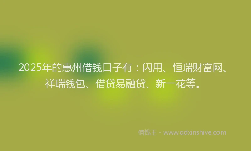 2025年的惠州借钱口子有：闪用、恒瑞财富网、祥瑞钱包、借贷易融贷、新一花等。