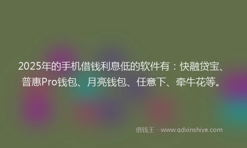 2025年的手机借钱利息低的软件有：快融贷宝、普惠Pro钱包、月亮钱包、任意下、牵牛花等。
