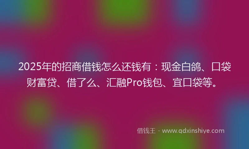 2025年的招商借钱怎么还钱有：现金白鸽、口袋财富贷、借了么、汇融Pro钱包、宜口袋等。