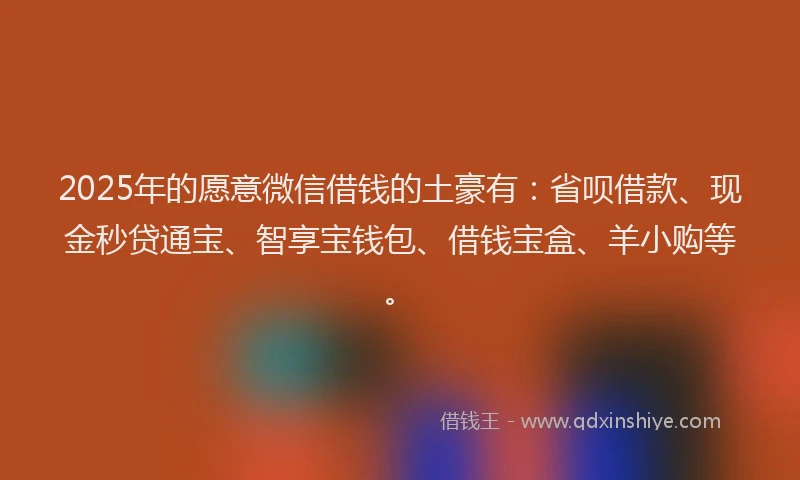 2025年的愿意微信借钱的土豪有：省呗借款、现金秒贷通宝、智享宝钱包、借钱宝盒、羊小购等。