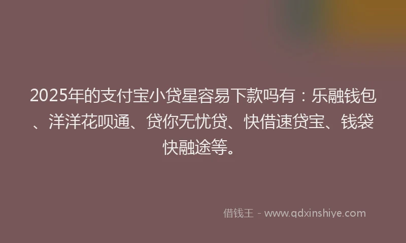 2025年的支付宝小贷星容易下款吗有：乐融钱包、洋洋花呗通、贷你无忧贷、快借速贷宝、钱袋快融途等。