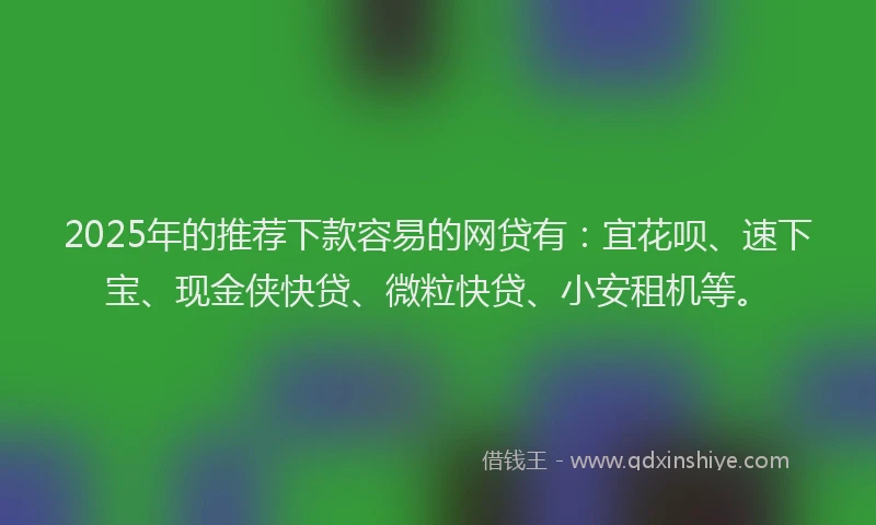 2025年的推荐下款容易的网贷有：宜花呗、速下宝、现金侠快贷、微粒快贷、小安租机等。