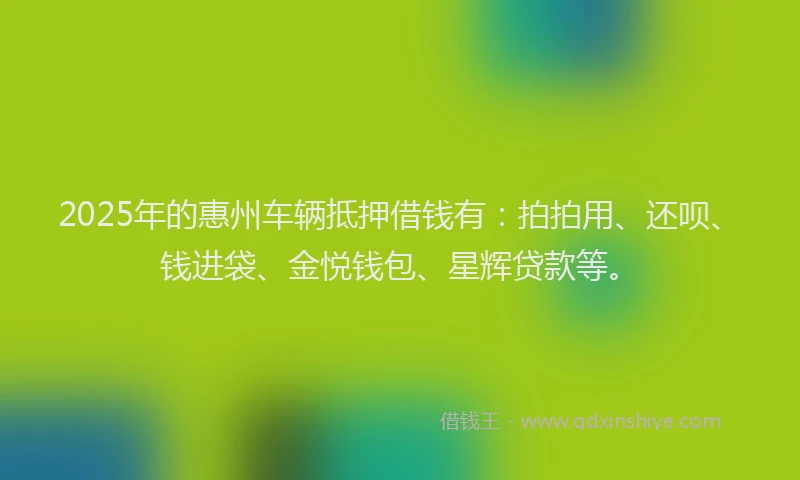 2025年的惠州车辆抵押借钱有：拍拍用、还呗、钱进袋、金悦钱包、星辉贷款等。