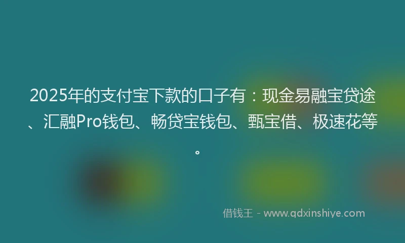 2025年的支付宝下款的口子有：现金易融宝贷途、汇融Pro钱包、畅贷宝钱包、甄宝借、极速花等。