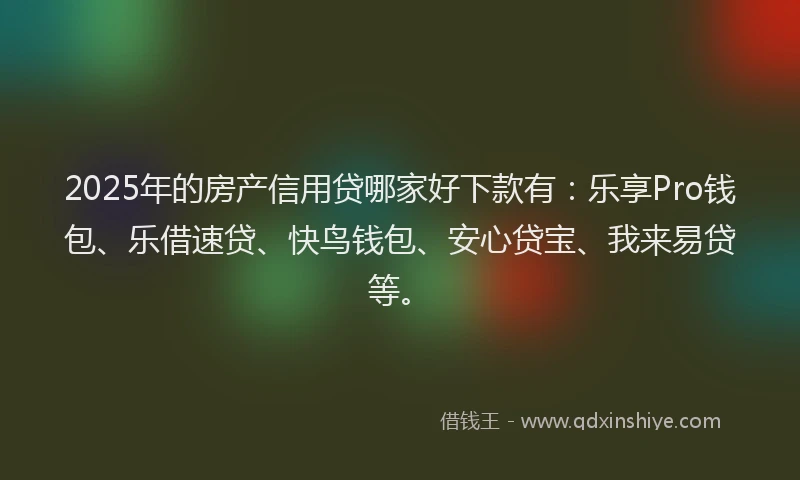 2025年的房产信用贷哪家好下款有：乐享Pro钱包、乐借速贷、快鸟钱包、安心贷宝、我来易贷等。