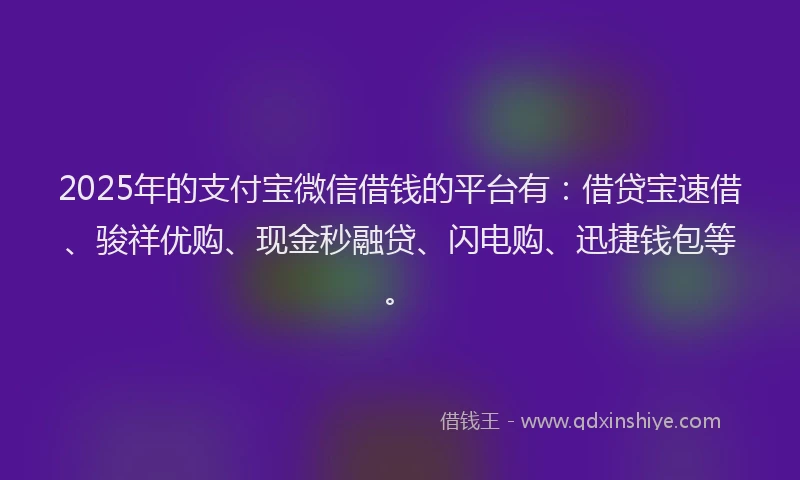 2025年的支付宝微信借钱的平台有：借贷宝速借、骏祥优购、现金秒融贷、闪电购、迅捷钱包等。