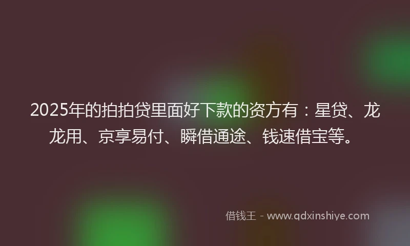 2025年的拍拍贷里面好下款的资方有：星贷、龙龙用、京享易付、瞬借通途、钱速借宝等。