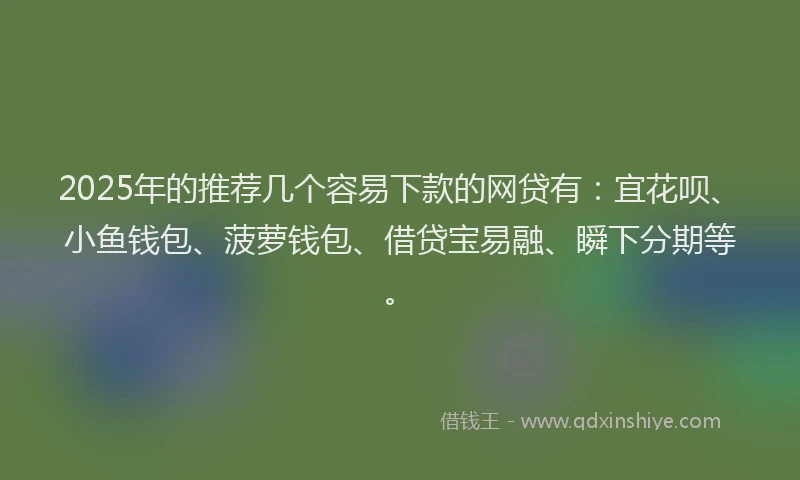 2025年的推荐几个容易下款的网贷有：宜花呗、小鱼钱包、菠萝钱包、借贷宝易融、瞬下分期等。