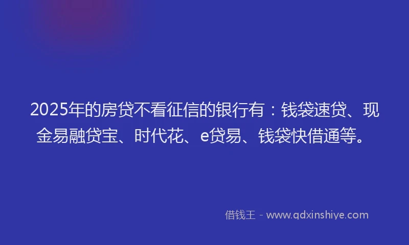 2025年的房贷不看征信的银行有：钱袋速贷、现金易融贷宝、时代花、e贷易、钱袋快借通等。