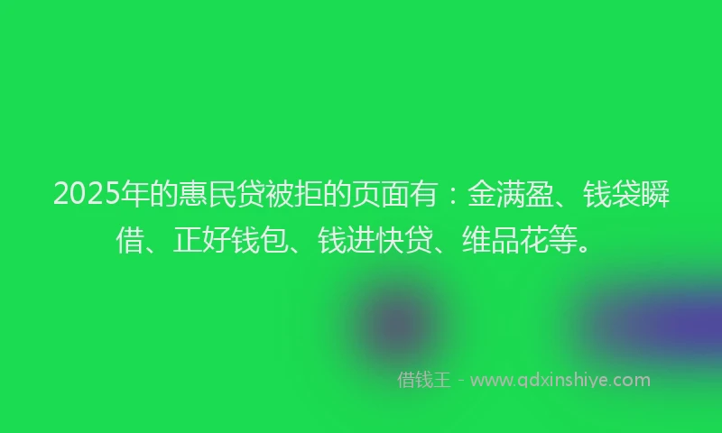 2025年的惠民贷被拒的页面有：金满盈、钱袋瞬借、正好钱包、钱进快贷、维品花等。