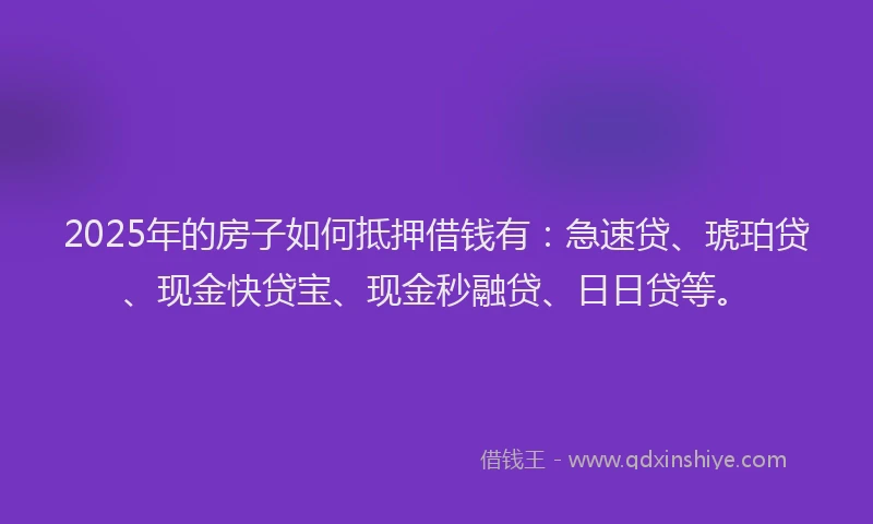 2025年的房子如何抵押借钱有：急速贷、琥珀贷、现金快贷宝、现金秒融贷、日日贷等。