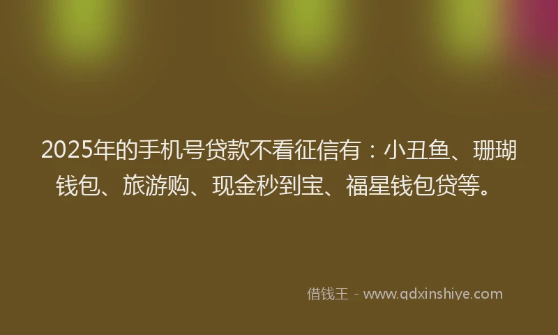 2025年的手机号贷款不看征信有：小丑鱼、珊瑚钱包、旅游购、现金秒到宝、福星钱包贷等。