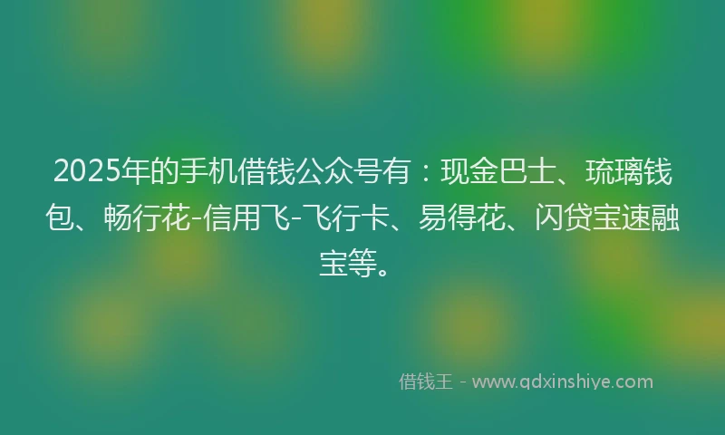 2025年的手机借钱公众号有：现金巴士、琉璃钱包、畅行花-信用飞-飞行卡、易得花、闪贷宝速融宝等。