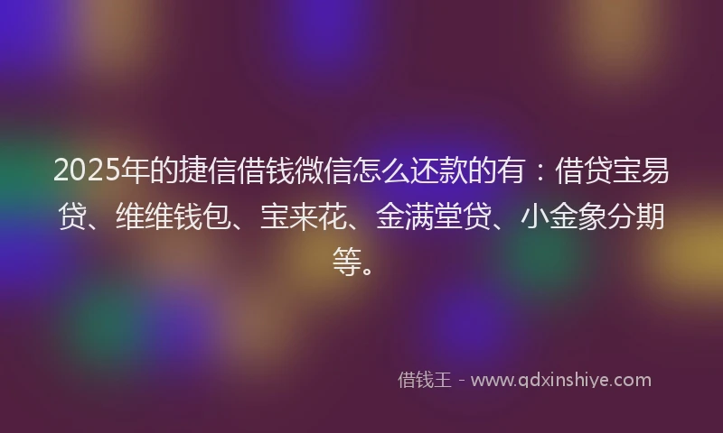 2025年的捷信借钱微信怎么还款的有:借贷宝易贷、维维钱包、宝来花、金满堂贷、小金象分期等。