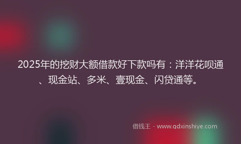 2025年的挖财大额借款好下款吗有：洋洋花呗通、现金站、多米、壹现金、闪贷通等。