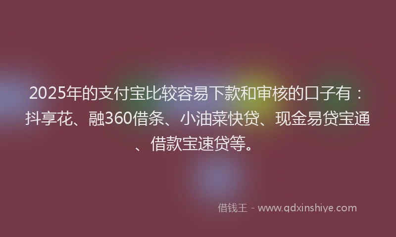 2025年的支付宝比较容易下款和审核的口子有：抖享花、融360借条、小油菜快贷、现金易贷宝通、借款宝速贷等。