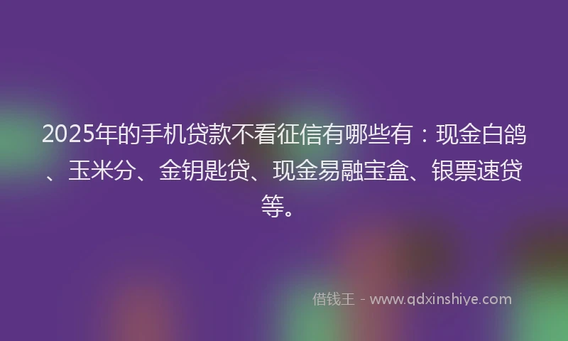 2025年的手机贷款不看征信有哪些有：现金白鸽、玉米分、金钥匙贷、现金易融宝盒、银票速贷等。
