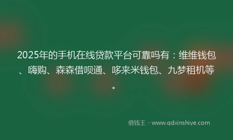 2025年的手机在线贷款平台可靠吗有：维维钱包、嗨购、森森借呗通、哆来米钱包、九梦租机等。