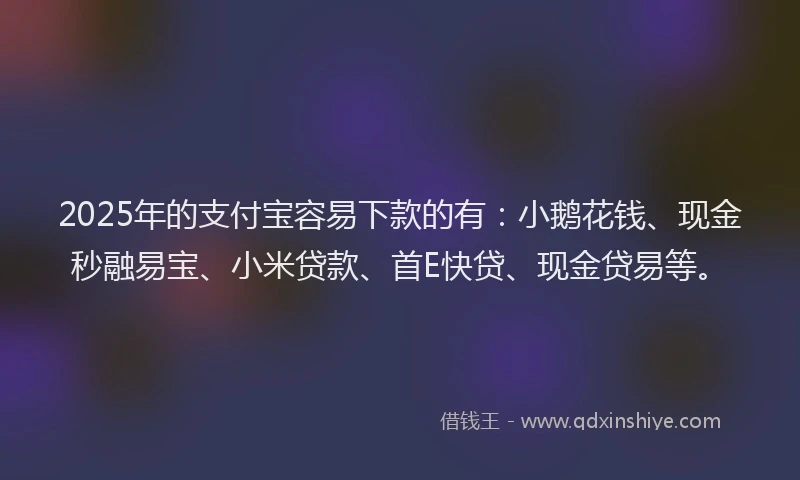 2025年的支付宝容易下款的有：小鹅花钱、现金秒融易宝、小米贷款、首E快贷、现金贷易等。