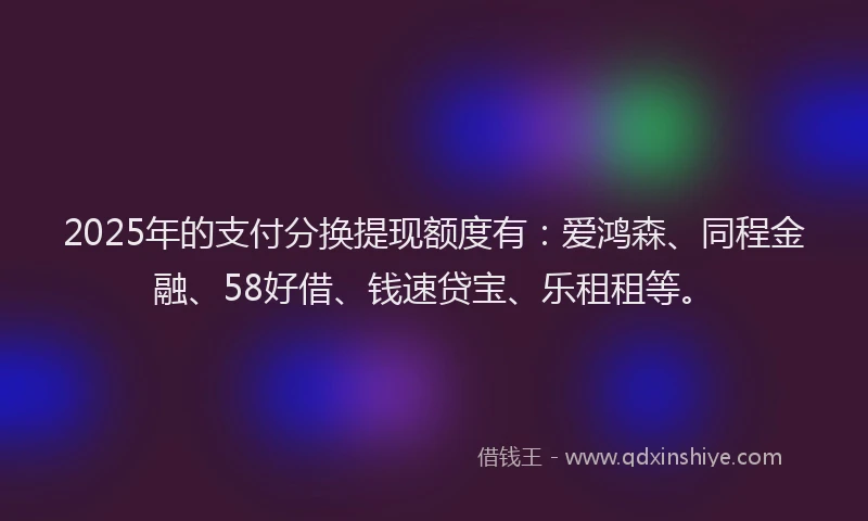 2025年的支付分换提现额度有：爱鸿森、同程金融、58好借、钱速贷宝、乐租租等。