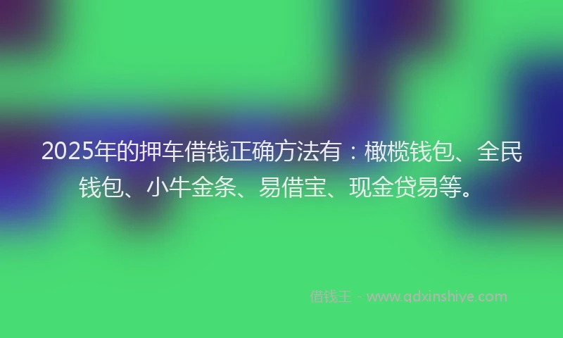 2025年的押车借钱正确方法有：橄榄钱包、全民钱包、小牛金条、易借宝、现金贷易等。