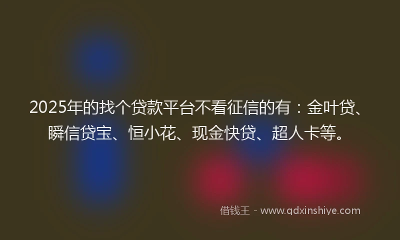 2025年的找个贷款平台不看征信的有：金叶贷、瞬信贷宝、恒小花、现金快贷、超人卡等。