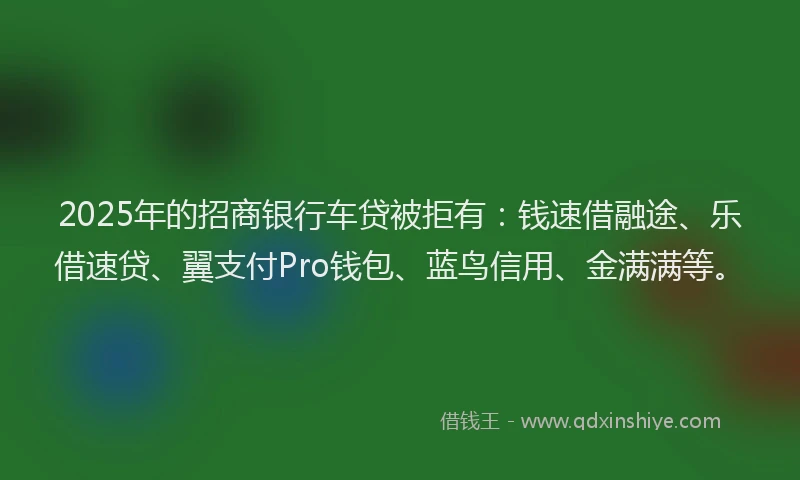 2025年的招商银行车贷被拒有：钱速借融途、乐借速贷、翼支付Pro钱包、蓝鸟信用、金满满等。