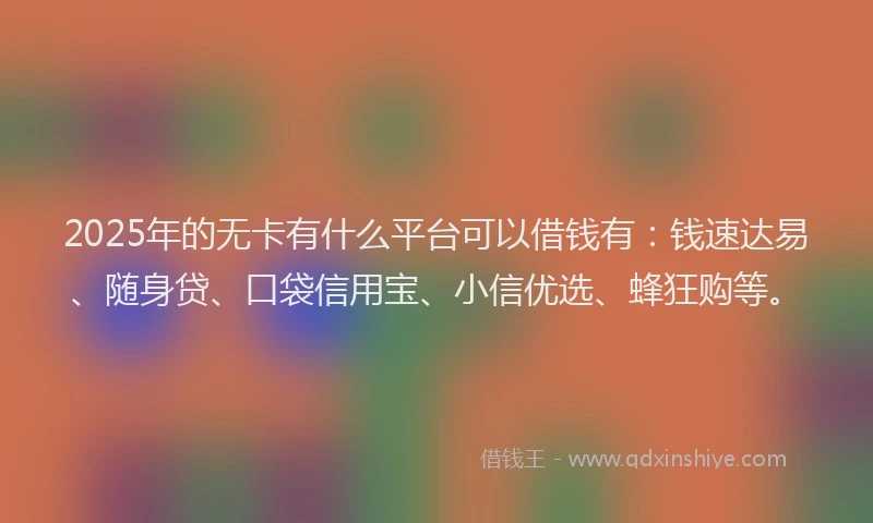 2025年的无卡有什么平台可以借钱有：钱速达易、随身贷、口袋信用宝、小信优选、蜂狂购等。