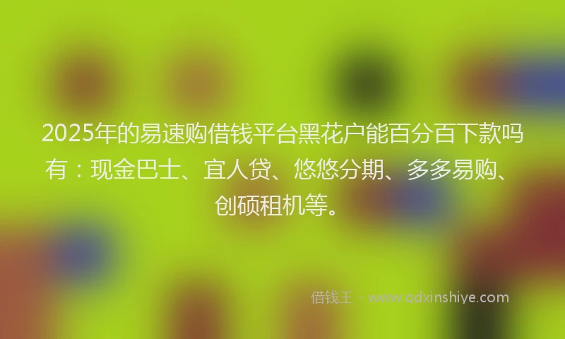 2025年的易速购借钱平台黑花户能百分百下款吗有：现金巴士、宜人贷、悠悠分期、多多易购、创硕租机等。