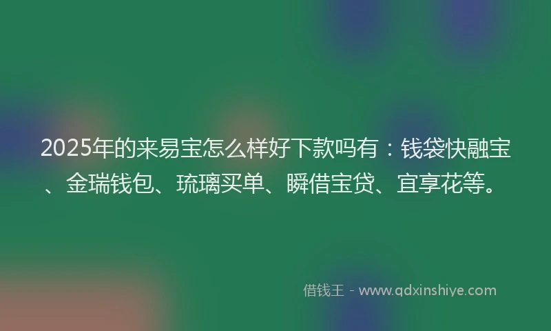 2025年的来易宝怎么样好下款吗有：钱袋快融宝、金瑞钱包、琉璃买单、瞬借宝贷、宜享花等。